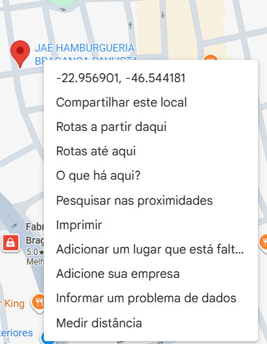Menu do Google Maps mostrando latitude e longitude após clicar com o botão direito